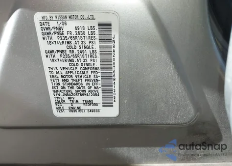 2006 Nissan Murano Sl from USA, damaged, VIN JN8AZ08T66W412054